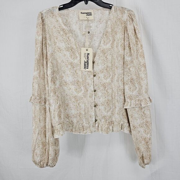 Savanna Jane Tan White Aztec Print Button Front Women's Size Large Blouse - Picture 1 of 6